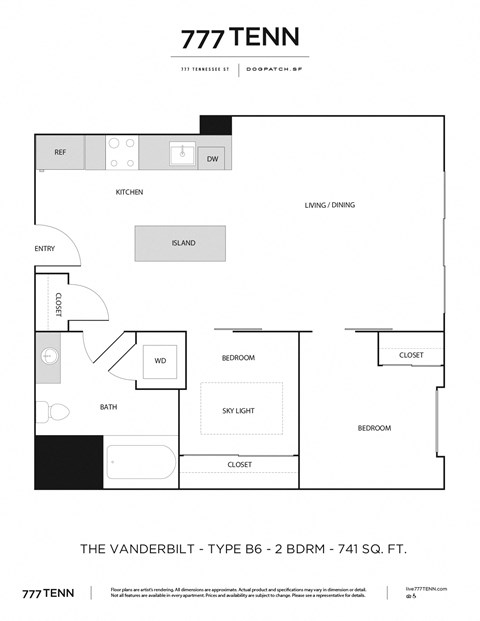 Floor plan for 2 beds, 1 bath, 741 sqft